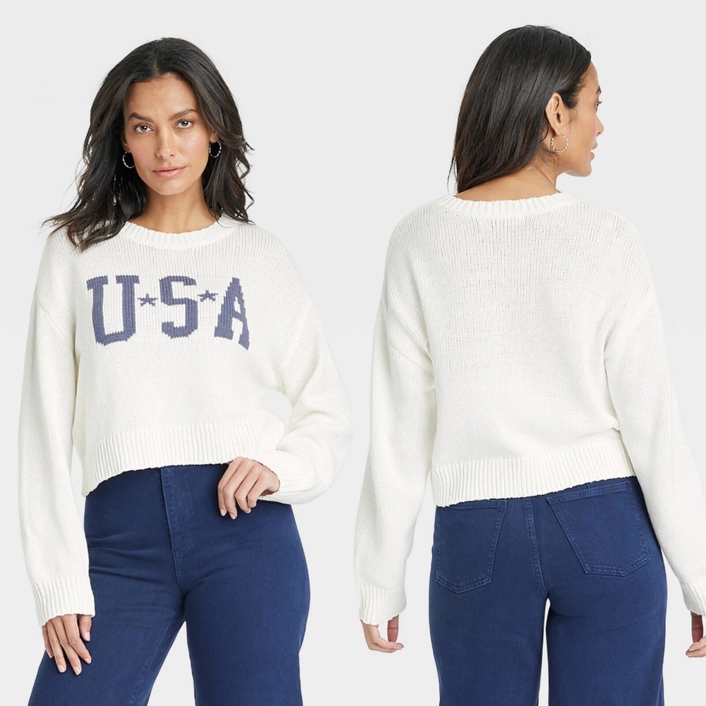 Grayson Threads: Off-white, cropped, cotton blend, USA graphic, sweater. Size XS